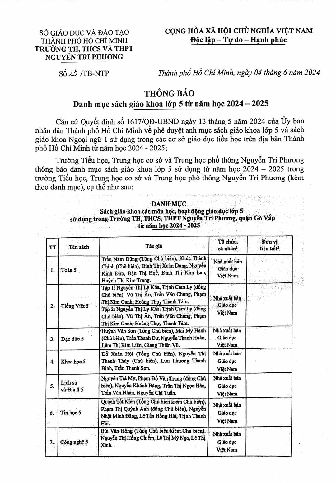 Thong bao danh muc sach giao khoa lop 5 1