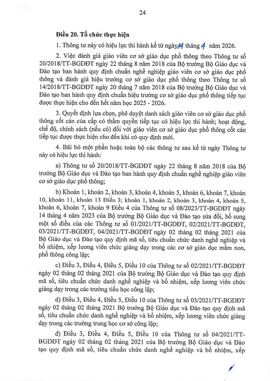thong tu quy dinh chuan nghe nghiep giao vien co so 24